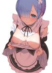  1girl apron azuse_neko bangs blunt_bangs blush breasts clothes_pull cum cum_on_body cum_on_breasts cum_on_clothes downblouse dress_pull furrowed_brow hair_ornament hair_over_one_eye hairband looking_at_viewer maid maid_apron nervous_smile nipples pulled_by_self re:zero_kara_hajimeru_isekai_seikatsu rem_(re:zero) simple_background solo upper_body white_background 