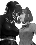  2girls animal_ears artist_progress asymmetrical_docking bangs bear_ears bioluminescence bow bowtie breast_press breasts brown_bear_(kemono_friends) buttons collared_shirt commentary_request crossover dress extra_ears face-to-face fingerless_gloves fingernails gloves glowing glowing_clothes glowing_hair godzilla godzilla_(series) greyscale hair_ornament hairband hand_on_hip height_difference highres kemono_friends kishida_shiki large_breasts lips long_hair looking_at_another medium_breasts medium_hair monochrome multiple_girls parted_lips redrawn shin_godzilla shirt sidelocks simple_background taut_clothes taut_dress taut_shirt upper_body white_background wing_collar 
