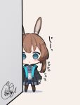  1girl :&lt; amiya_(arknights) animal_ear_fluff animal_ears arknights bangs beni_shake black_footwear black_jacket blue_eyes blue_skirt brown_background brown_hair brown_legwear center_frills chibi commentary_request eyebrows_visible_through_hair frills full_body hood hood_down hooded_jacket jacket long_hair looking_at_viewer open_clothes open_jacket pantyhose parted_lips pleated_skirt rabbit_ears shadow shirt shoes signature skirt solo standing translated triangle_mouth v-shaped_eyebrows white_shirt 