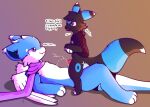 anthro big_dom_small_sub bodily_fluids box container cum cum_inside cumshot dialogue dominant dragon duo eeveelution ejaculation feral fluffy fluffy_tail genital_fluids hi_res male male/male nintendo noodletheartist pok&eacute;mon pok&eacute;mon_(species) scarf size_difference smug tail umbreon video_games 