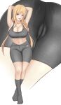  1girl :d armpits arms_behind_head arms_up ass ass_focus bajitohfu bangs blonde_hair blush braid breasts cameltoe covered_nipples eyebrows_visible_through_hair grey_legwear grey_shorts grey_sports_bra hair_tie highres large_breasts long_hair looking_at_viewer low_twintails midriff multiple_views nakiri_erina navel pants purple_eyes shokugeki_no_souma shorts smile socks sports_bra stomach sweat teeth tight tongue twin_braids twintails upper_teeth wide_hips yoga_pants 