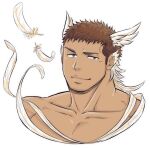 1boy animal_ears bara bird_ears brown_eyes brown_hair closed_mouth commentary_request cropped_torso dark-skinned_male dark_skin facial_hair feathers goatee head_wings hermes_(housamo) male_focus muscular muscular_male porkjinta short_hair sideburns simple_background smile smirk solo tokyo_afterschool_summoners white_background 