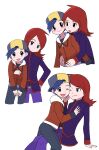  2boys ;) arm_support backwards_hat belt_buckle blush buckle closed_mouth commentary_request ethan_(pokemon) hat highres hug hug_from_behind jacket long_sleeves male_focus multiple_boys one_eye_closed pants pokemon pokemon_(game) pokemon_hgss purple_jacket purple_pants red_hair red_jacket sana_(37pisana) short_hair silver_(pokemon) smile turtleneck turtleneck_jacket white_background 