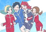  2boys 2girls blush ethan_(pokemon) eyebrows_visible_through_hair hand_in_pocket hand_on_another&#039;s_shoulder hug hug_from_behind jacket kris_(pokemon) looking_at_another lyra_(pokemon) multiple_boys multiple_girls pokemon pokemon_(game) pokemon_gsc pokemon_hgss silver_(pokemon) smile sportswear star_(symbol) track_jacket twintails yuki_mura_1031 