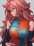  1girl android_21 blue_eyes breasts checkered_clothes checkered_dress closed_mouth detached_sleeves dragon_ball dragon_ball_fighterz dress earrings glasses grey_background hoop_earrings jewelry kemachiku long_hair looking_to_the_side medium_breasts red_hair simple_background solo upper_body 