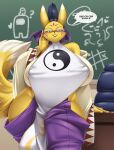  among_us anthro bandai_namco big_breasts breasts canid canine chalkboard classroom clothing dialogue digimon digimon_(species) english_text eyewear female fur glasses hi_res innersloth inside looking_at_viewer mammal mleonheart school solo speech_bubble talking_to_viewer taomon teacher text video_games yellow_body yellow_fur 
