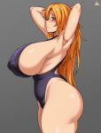  1girl :o absurdres armpits arms_behind_head arms_up ass bleach blue_eyes breasts cameltoe closed_mouth covered_nipples curvy eyes_visible_through_hair highres huge_breasts jmg long_hair looking_at_viewer matsumoto_rangiku mixed-language_commentary mole mole_under_mouth orange_hair shiny shiny_skin sideboob simple_background solo standing swimsuit thick_thighs thighs 