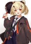  1girl animal_ears arknights azuazu_0405 bag bear_ears bear_girl blonde_hair blue_dress candy_hair_ornament dress food-themed_hair_ornament frying_pan gummy_(arknights) hair_ornament hairclip handbag head_tilt highres holding holding_frying_pan light_blush long_sleeves looking_at_viewer neckerchief open_mouth oversized_clothes red_eyes red_nails sailor_collar short_hair simple_background smile solo twirl white_background white_neckerchief white_sailor_collar zipper 