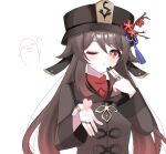  1girl brown_hair genshin_impact ghost hat heart hu_tao_(genshin_impact) jewelry kino_(curry_pan) long_sleeves looking_back nail_polish one_eye_closed red_eyes ring solo symbol-shaped_pupils top_hat twintails 
