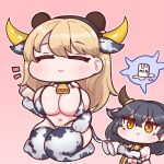  2girls :&lt; ajax_(last_origin) animal_ears animal_print bangs bear_ears bell bikini blonde_hair blush breasts bulga chibi cleavage closed_eyes cow_print cow_tail cowbell extra_ears eyebrows_visible_through_hair fake_animal_ears fake_horns frigga_(last_origin) hair_between_eyes horns huge_breasts last_origin multiple_girls navel neck_bell pink_background simple_background smile swimsuit tail thighhighs 