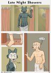  anthro beastars bird_dog bulge canid canine canis clothing domestic_dog duo english_text golden_retriever hi_res hunting_dog jack_(beastars) legoshi_(beastars) lewd_latte male mammal meme meme_face retriever shower shower_room surprise surprised_expression text towel undressing webcomic wolf 