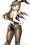  animal_ears arashio_(kancolle) ass black_legwear black_leotard blush bow bowtie brown_eyes brown_hair detached_collar eyebrows_visible_through_hair fake_animal_ears fake_tail hair_between_eyes kantai_collection kudou_(ooabareteng) leotard long_hair looking_at_viewer looking_back open_mouth pantyhose playboy_bunny rabbit_ears rabbit_tail simple_background smile strapless strapless_leotard tail traditional_bowtie twitter_username white_background wrist_cuffs 