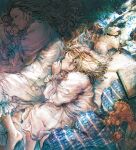  2girls barefoot bed blonde_hair book closed_eyes commentary_request doll dress fetal_position kobone_awaki light light_particles long_hair lying medium_hair multiple_girls nightgown on_bed on_side original sheep sleeping wavy_hair white_dress 