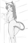  1girl absurdres ass blush fang fankupl francesca_lucchini highres long_hair looking_at_viewer monochrome nude panther_ears panther_tail sketch skin_fang smile solo strike_witches tail_censor world_witches_series 