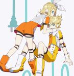  1boy 1girl absurdres ahoge arm_strap bangs blonde_hair blue_eyes boots bow cable calf_socks chi_ya empty_eyes hair_bow hand_on_another&#039;s_knee hand_on_another&#039;s_shoulder highres jumpsuit kagamine_len kagamine_rin knee_strap knees_up leaning_forward neckerchief necktie ponytail radio_antenna robot_ears short_sleeves shorts sitting thigh_strap vocaloid wrist_cuffs 
