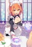  1girl ahoge alternate_costume black_legwear breasts cleavage clothing_cutout cup enmaided fate/grand_order fate_(series) fujimaru_ritsuka_(female) highres large_breasts looking_at_viewer maid navel_cutout negi_(ulog&#039;be) orange_eyes orange_hair side_ponytail smile solo teacup teapot 