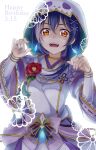  1girl absurdres bangs blue_hair bridal_gauntlets dated earrings eyebrows_visible_through_hair flower ghost ghost_costume hair_ornament happy_birthday highres hood hood_up hoodie japanese_clothes jewelry konro_kai long_hair long_sleeves looking_at_viewer love_live! love_live!_school_idol_festival_all_stars love_live!_school_idol_project nail_polish official_alternate_costume open_mouth simple_background solo sonoda_umi swept_bangs white_background x_hair_ornament yellow_eyes 