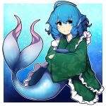  1girl blue_eyes blue_hair blush drill_hair eyebrows_visible_through_hair full_body head_fins highres hurin_raika japanese_clothes kimono long_sleeves looking_at_viewer mermaid monster_girl obi outline sash short_hair smile solo touhou wakasagihime white_outline wide_sleeves 