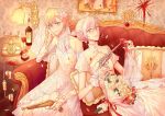  2girls bangs bare_shoulders blonde_hair blood blue_eyes bottle bouquet braid couch detached_sleeves dress earrings fate_(series) flower glass gloves gun hair_between_eyes hair_flower hair_ornament highres holding holding_gun holding_weapon implied_yuri indoors jewelry leaning_on_person long_hair lord_el-melloi_ii_case_files lying multiple_girls olga_marie_animusphere phone pillow reines_el-melloi_archisorte ring short_hair sitting smile table tanxi_mei_piqi weapon wedding_dress white_dress white_flower yellow_gloves 