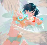  1boy androgynous apple bangs black_hair blue_hair braid chest_tattoo closed_mouth crop_top feathered_wings food fruit genshin_impact gradient_hair green_eyes highres holding holding_food holding_fruit hood hood_down licking_lips looking_at_viewer male_focus multicolored_hair one_eye_closed short_hair_with_long_locks side_braids sidelocks solo tattoo tongue tongue_out twin_braids venti_(genshin_impact) white_wings wings xizuchan6 