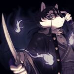  anthro asian_clothing black_and_white_fur canid canine canis clothing domestic_dog east_asian_clothing eyewear fire glasses hitodama japanese_clothing katana kimono lifewonders male mammal masanori melee_weapon solo sword tokyo_afterschool_summoners video_games weapon 