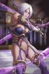  1girl armor bangs bare_shoulders blonde_hair blue_eyes blush breasts cleavage closed_mouth collarbone eyebrows_visible_through_hair gloves hair_between_eyes hybridmink isabella_valentine large_breasts linea_alba long_hair looking_at_viewer namco navel short_hair simple_background smile solo soulcalibur sword thighhighs weapon 