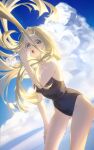  1girl absurdres blonde_hair blue_eyes blue_sky blue_swimsuit bottle cloud competition_school_swimsuit cowboy_shot highres kofune_ushio leaning_forward long_hair looking_at_viewer one-piece_swimsuit school_swimsuit sky solo standing summertime_render swimsuit tuzhate 