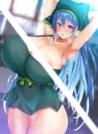  1girl :o areola_slip armpits arms_up blurry blurry_background blush breasts cleavage covered_nipples cowboy_shot dress ebi_193 hair_between_eyes haniyasushin_keiki huge_breasts light_censor long_hair looking_at_viewer open_mouth purple_eyes solo thick_thighs thighs touhou very_long_hair 