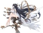  1girl aircraft airplane azur_lane bangs bare_shoulders black_hair branch breasts crossed_legs dress flower full_body gloves green_eyes hair_flower hair_ornament hand_up high_heels highres indomitable_(azur_lane) kincora large_breasts long_hair looking_at_viewer official_art shiny shiny_hair simple_background sitting sleeveless sleeveless_dress solo thighs transparent_background tree very_long_hair white_dress white_footwear white_gloves 