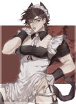  1boy alternate_costume animal_ears apron bare_shoulders battle_tendency brown_hair cat_ears cat_tail crossdressing detached_collar enmaided fingerless_gloves frilled_sleeves frills garter_straps gloves green_eyes highres jojo_no_kimyou_na_bouken joseph_joestar joseph_joestar_(young) maid maid_apron maid_headdress male_focus one_eye_closed panties panty_pull pectoral_cleavage pectorals puppetjackmj solo tail thighhighs underwear undressing wristband zoom_layer 