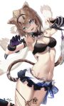  1girl animal_ears armpits arms_up bare_shoulders bikini bikini_top_only black_bikini black_skirt blue_eyes braid breasts brown_hair cat_ears cat_girl cat_tail chaciooh claw_pose cleavage commentary cowboy_shot fang frilled_skirt frills hairband highres honkai_(series) honkai_impact_3rd looking_at_viewer medium_breasts miniskirt navel open_mouth pardofelis_(honkai_impact) revealing_clothes revision short_hair skirt slit_pupils solo stomach swimsuit tail thighs twin_braids 