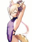  1boy animal_ears armpits arms_behind_head arms_up blonde_hair blush commentary_request dress fox_boy fox_ears fox_tail from_side granblue_fantasy hair_over_one_eye kou_(granblue_fantasy) looking_at_another male_focus otoko_no_ko shiny shiny_clothes shiny_hair shiny_skin sideless_outfit simple_background sleeveless sleeveless_dress solo tail white_background yellow_eyes yoruhachi 