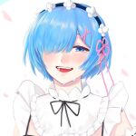  1girl bangs black_ribbon blue_eyes blue_hair commentary_request hair_ornament hair_over_one_eye hair_ribbon highres kan&#039;na_(datoshing) maid_headdress neck_ribbon pink_ribbon portrait re:zero_kara_hajimeru_isekai_seikatsu rem_(re:zero) ribbon ribbon-trimmed_collar ribbon_trim shiny shiny_hair short_hair simple_background solo tears white_background x_hair_ornament 