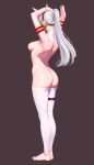  1girl absurdres armpits arms_up ass barefoot breasts brown_background clothes_pull commentary cropped_arms detached_leggings dimples_of_venus excellolang facing_away facing_viewer feet gold_ship_(umamusume) grey_hair highres horse_girl legs legs_together long_hair median_furrow medium_breasts no_shoes nude pants pants_pull revision ribs sideboob simple_background solo standing sweat thigh_strap thighs tying_hair umamusume white_hair white_legwear 