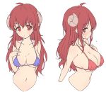  1girl ahoge bikini blush brown_eyes brown_hair curled_horns demon_girl demon_horns eyebrows_visible_through_hair highres horns long_hair machikado_mazoku mel_(melty_pot) simple_background swimsuit upper_body yoshida_yuuko_(machikado_mazoku) 