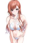  1girl absurdres arisugawa_natsuha bikini breasts brown_eyes brown_hair cleavage cowboy_shot hand_on_hip highres idolmaster idolmaster_shiny_colors large_breasts leaning_forward long_hair looking_at_viewer simple_background solo swimsuit ta_02ss thigh_gap white_background white_bikini 