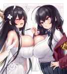  2girls absurdres ahoge alternate_costume armband azur_lane bespectacled black_hair black_skirt blush breasts commentary_request dress glasses highres horns huge_breasts indomitable_(azur_lane) jacket long_sleeves look-alike looking_at_another multiple_girls neckwear_grab off_shoulder open_mouth red_jacket school_uniform shirt skirt taihou_(azur_lane) trait_connection vanta-black white_dress white_shirt 