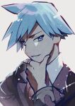  1boy bangs blue_hair collared_shirt commentary_request grey_eyes hand_on_own_chin hand_up jacket jewelry long_sleeves male_focus miramiraa_(wniwnidonn) parted_lips pokemon pokemon_(game) pokemon_oras ring shirt short_hair smile smirk solo steven_stone stroking_own_chin upper_body white_background white_shirt 