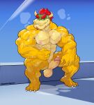  2022 abs absurd_res anthro balls barazoku biceps big_muscles bodily_fluids body_hair bowser chest_hair claws dumbandgreen erection eyebrows facial_hair genitals hair hi_res horn humanoid_genitalia humanoid_penis koopa looking_at_viewer male mario_bros muscular muscular_anthro muscular_male musk nintendo nipples non-mammal_balls non-mammal_nipples nude obliques pecs penis scalie sitting smile solo sweat text thick_thighs url vein video_games wet wet_body 