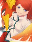  1boy alternate_color bird blurry closed_mouth commentary_request hana_e_(ka_e0128) highres ho-oh jacket long_hair looking_to_the_side male_focus orange_hair pants pokemon pokemon_(game) pokemon_masters_ex purple_eyes red_pants silver_(pokemon) smile white_jacket yellow_belt 
