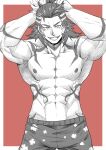  1boy abs arms_behind_head bara body_markings floral_print granblue_fantasy greyscale highres large_pectorals long_hair looking_at_viewer male_focus male_swimwear monochrome muscular muscular_male navel nipples open_mouth pectorals smile solo tofuboyz topless_male wilnas_(granblue_fantasy) 