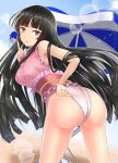  1girl adjusting_clothes adjusting_swimsuit ass ass_focus back bangs beach beach_umbrella black_hair blue_sky cloud cloudy_sky frills houraisan_kaguya long_hair looking_at_viewer looking_back outdoors pink_eyes singlet sky solo swimsuit touhou touhou_tag_dream umbrella wrestling_outfit y2 