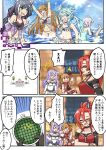  172cm 1boy 6+girls animal_ears bangs blue_eyes cat_ears cat_tail commentary_request glasses highres karyl_(princess_connect!) kokkoro_(princess_connect!) labyrista long_hair multiple_girls ocean open_mouth orange_hair pecorine_(princess_connect!) princess_connect! purple_hair red_hair rino_(princess_connect!) shefi_(princess_connect!) shizuru_(princess_connect!) short_hair swimsuit tail translated yuuki_(princess_connect!) 