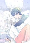  1boy 1girl absurdres ball bangs bed_sheet blanket blue_eyes blue_hair book closed_eyes closed_mouth contemporary couple curled_up curtains earrings elf frieren hair_down hand_on_another&#039;s_arm hetero highres himmel_(sousou_no_frieren) jewelry light_particles long_hair long_sleeves looking_at_viewer lying mole mole_under_eye object_hug on_bed on_side open_book pants petals pillow pillow_hug pointy_ears red_pants sachinyopo short_hair sideways_glance sleeping sleeves_past_wrists smile sousou_no_frieren sweater under_covers white_hair white_sweater 