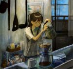  1girl :o bangs blue_hairband brown_eyes brown_hair coffee_mug coffee_pot commentary_request cup denim hairband highres ineuoy jeans kettle long_hair mug original pants pouring red_hairband shirt short_sleeves solo steam two_side_up white_shirt 