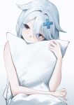  1girl :3 absurdres bangs bare_arms blue_eyes eyebrows_visible_through_hair gosegu gradient gradient_background grey_hair hair_flaps hair_ornament hair_over_one_eye head_tilt highres junkt729 light_blush object_hug pillow pillow_hug smile solo virtual_youtuber waktaverse white_background x_hair_ornament 