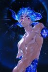  1boy amputee arsh_(thestarwish) blue_eyes blue_hair blue_horns completely_nude cracked_skin english_text glint glowing glowing_hair glowing_horns halo highres horns looking_at_viewer male_focus missing_limb multicolored_eyes multiple_horns no_arms nude original pectorals red_eyes short_hair sky solo star_(sky) starry_sky toned toned_male upper_body 