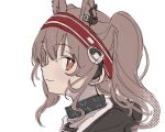  1girl angelina_(arknights) animal_ear_fluff animal_ears arknights black_jacket brown_eyes brown_hair closed_mouth extra_ears hairband highres hood hood_down hooded_jacket jacket long_hair looking_at_viewer portrait red_hairband simple_background smile solo striped striped_hairband tetuw twintails white_background 