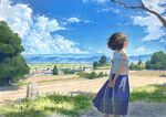  1girl arms_behind_back bag black_eyes blue_skirt blue_sky brown_hair building closed_mouth cloud cumulonimbus_cloud day farm fjsmu grass highres holding holding_bag jizou looking_to_the_side mountainous_horizon original outdoors profile sailor_collar scenery school_bag school_uniform serafuku shirt short_hair skirt sky smile solo tree white_sailor_collar white_shirt wind 