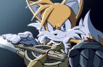  1boy artist_name blue_eyes caliburn_(sonic) chronocrump close-up fox_boy frown gauntlets gem gloves highres looking_at_viewer male_focus multicolored_fur smirk solo sonic_(series) sonic_and_the_black_knight spiked_hair sword tails_(sonic) topless_male twitter_username upper_body weapon white_fur yellow_fur 